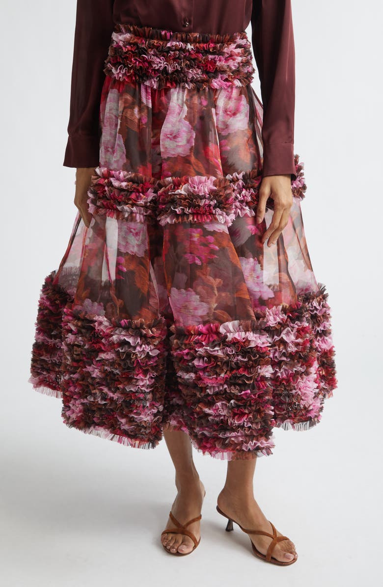 Zimmermann Kindred Spirit Luna Ruffle Silk Organza Midi Skirt, Main, color, Chocolate Rose