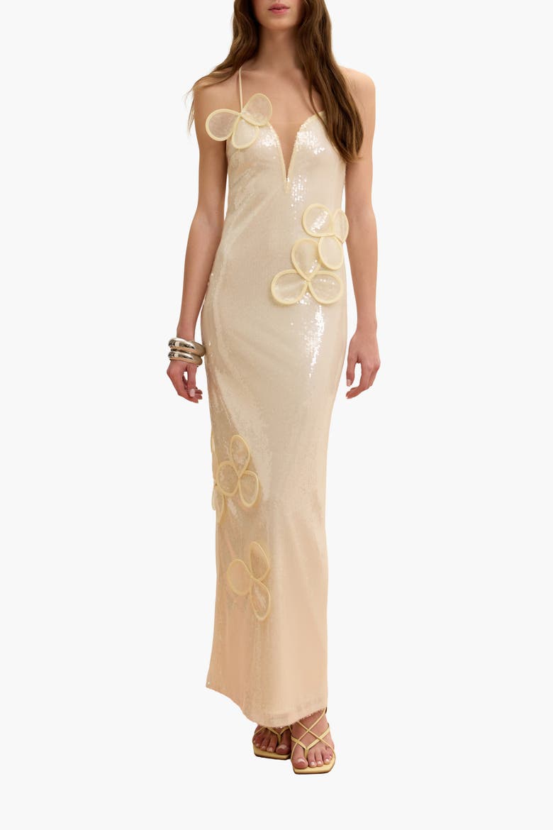 Sequin Maxi Bustier Gown With Petal Appliques, Alternate, color, Beige