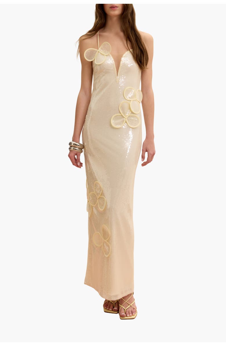 Malva Florea Sequin Maxi Bustier Gown With Petal Appliqus, Alternate, color, Beige