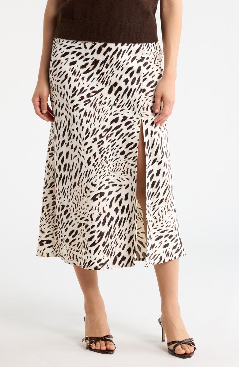 Sanctuary Front Slit Satin Skirt, Main, color, Animal Culture White
