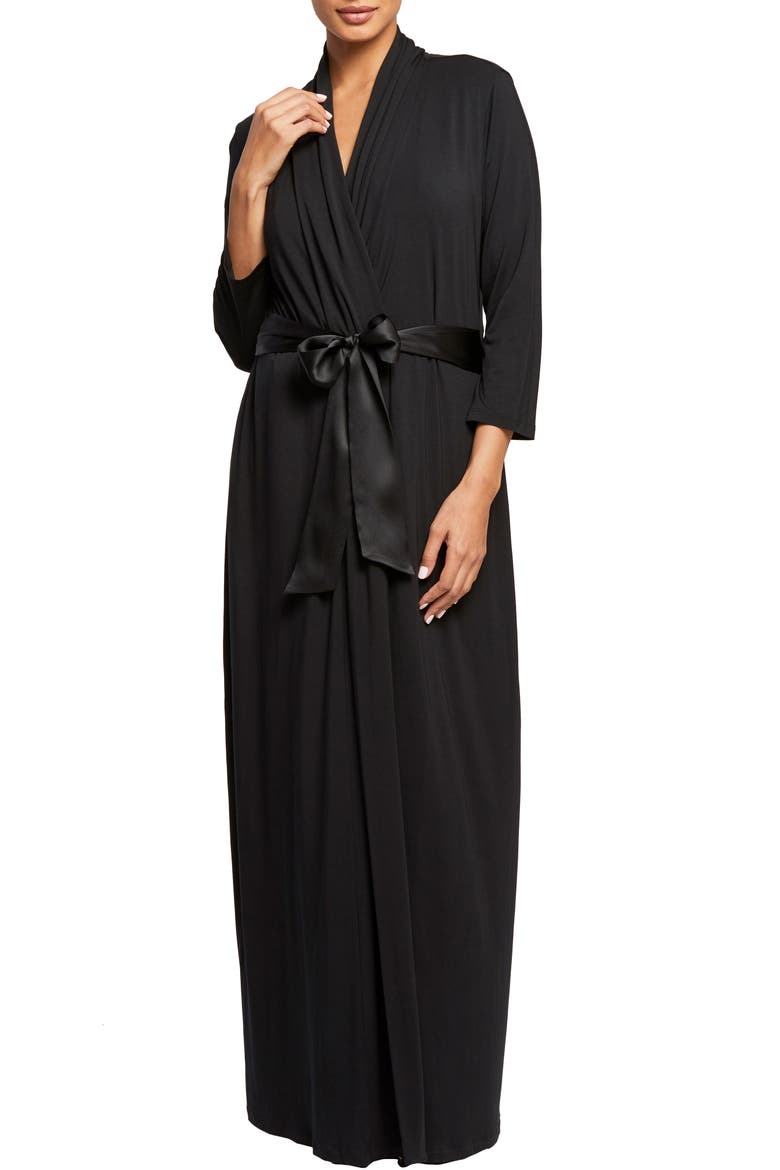 Satin Tie Stretch Knit Robe, Main, color, BLACK