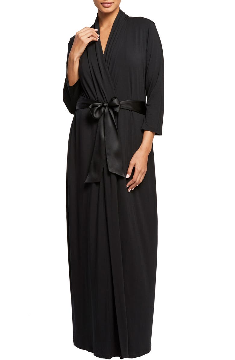 Fleur't Satin Tie Stretch Knit Robe, Main, color, Black