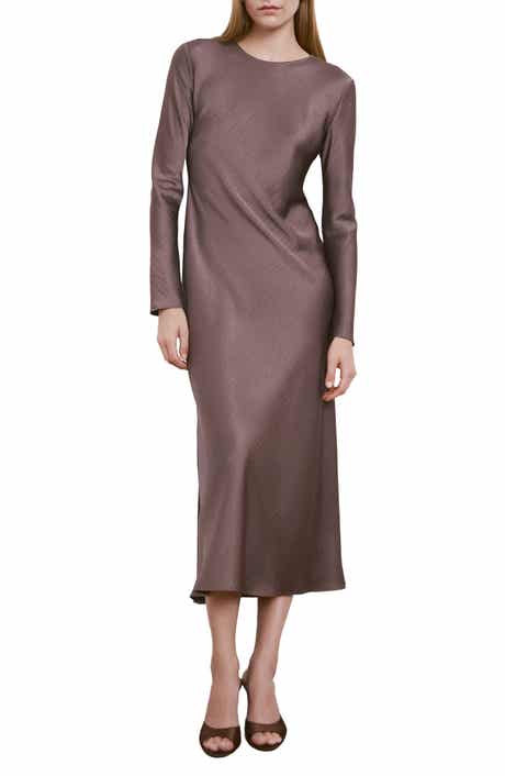 Long Sleeve Textured Satin Midi Dress