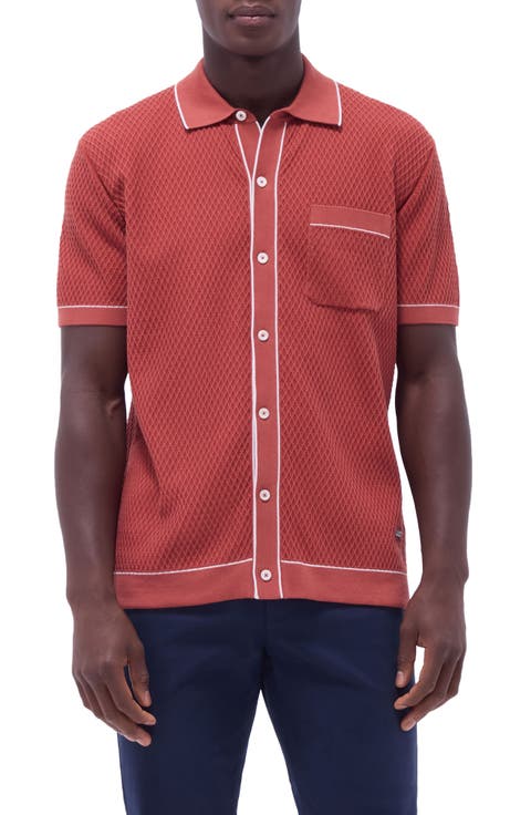 Tipped Short Sleeve Button-Up Sweater