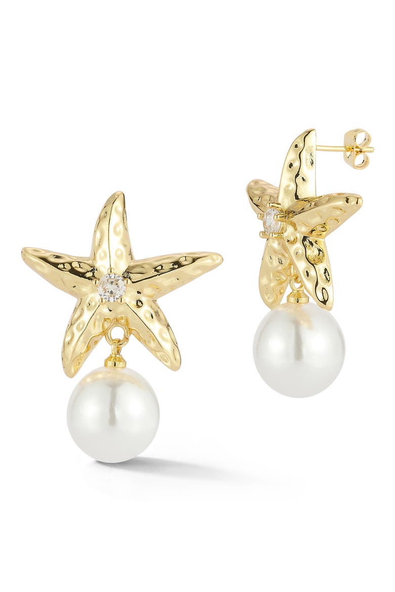 Starfish Imitation Pearl Drop Earrings, Main, color, GOLD