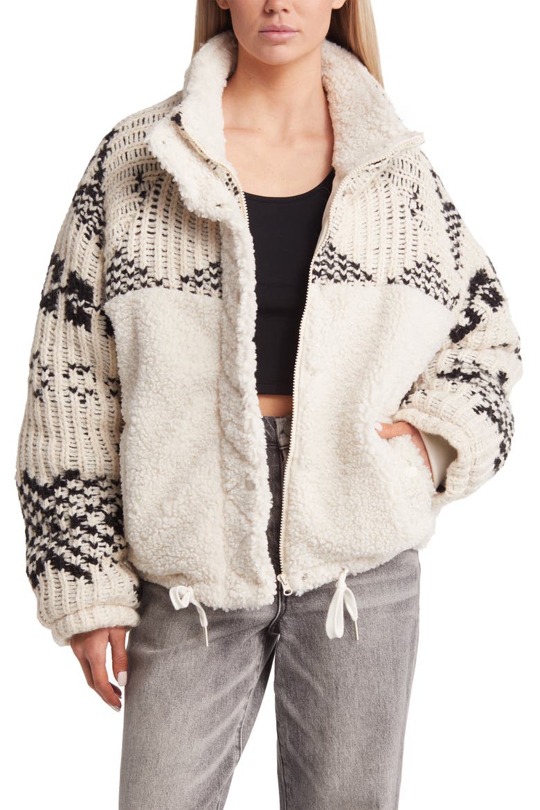 Knit Sleeve Faux Shearling Jacket, Main, color, FEELING COZY