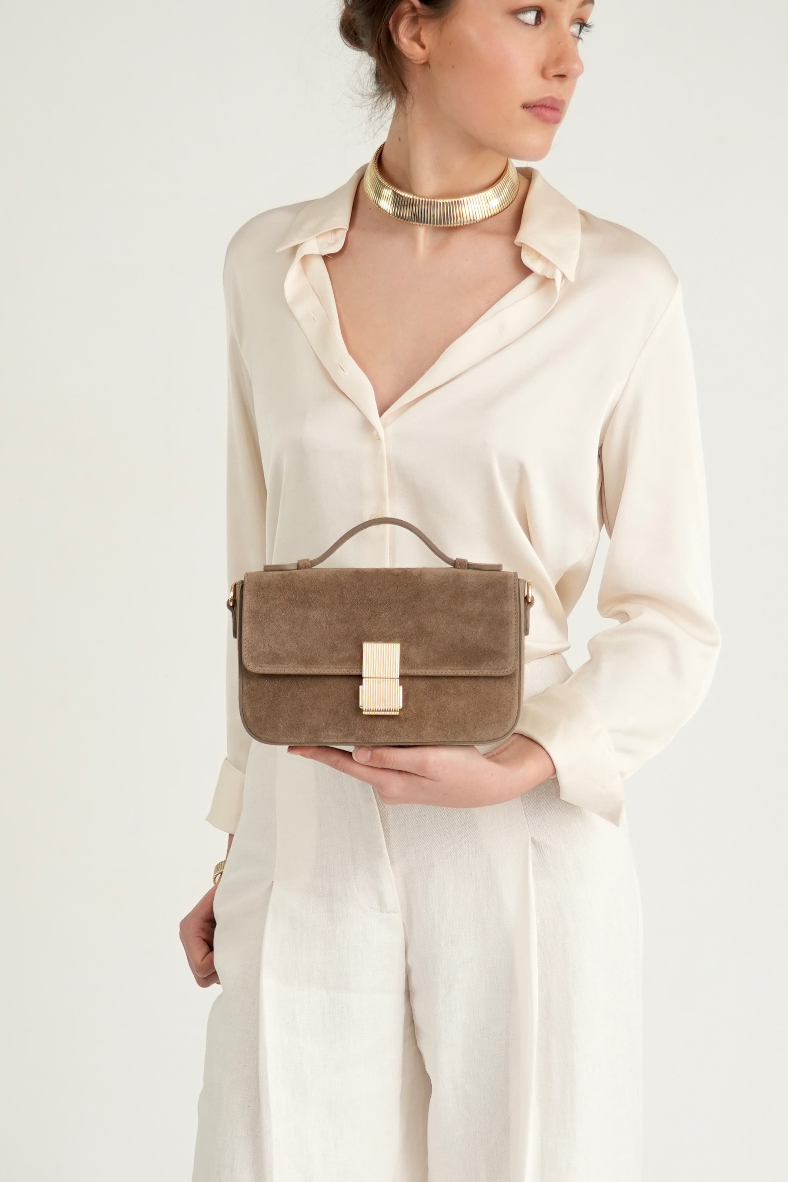 The Flora Top Handle Suede Bag, Alternate, color, Mink