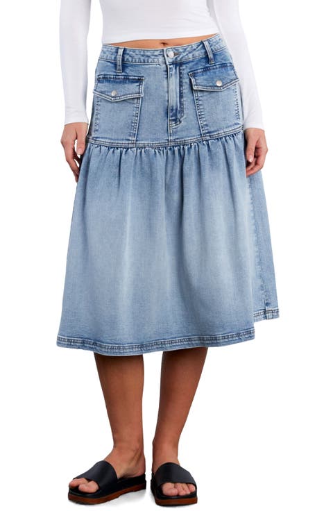 Petal Flounce Denim Midi Skirt