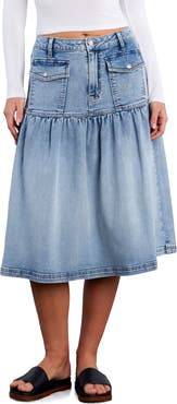 Wash Lab Denim Petal Flounce Denim Midi Skirt
