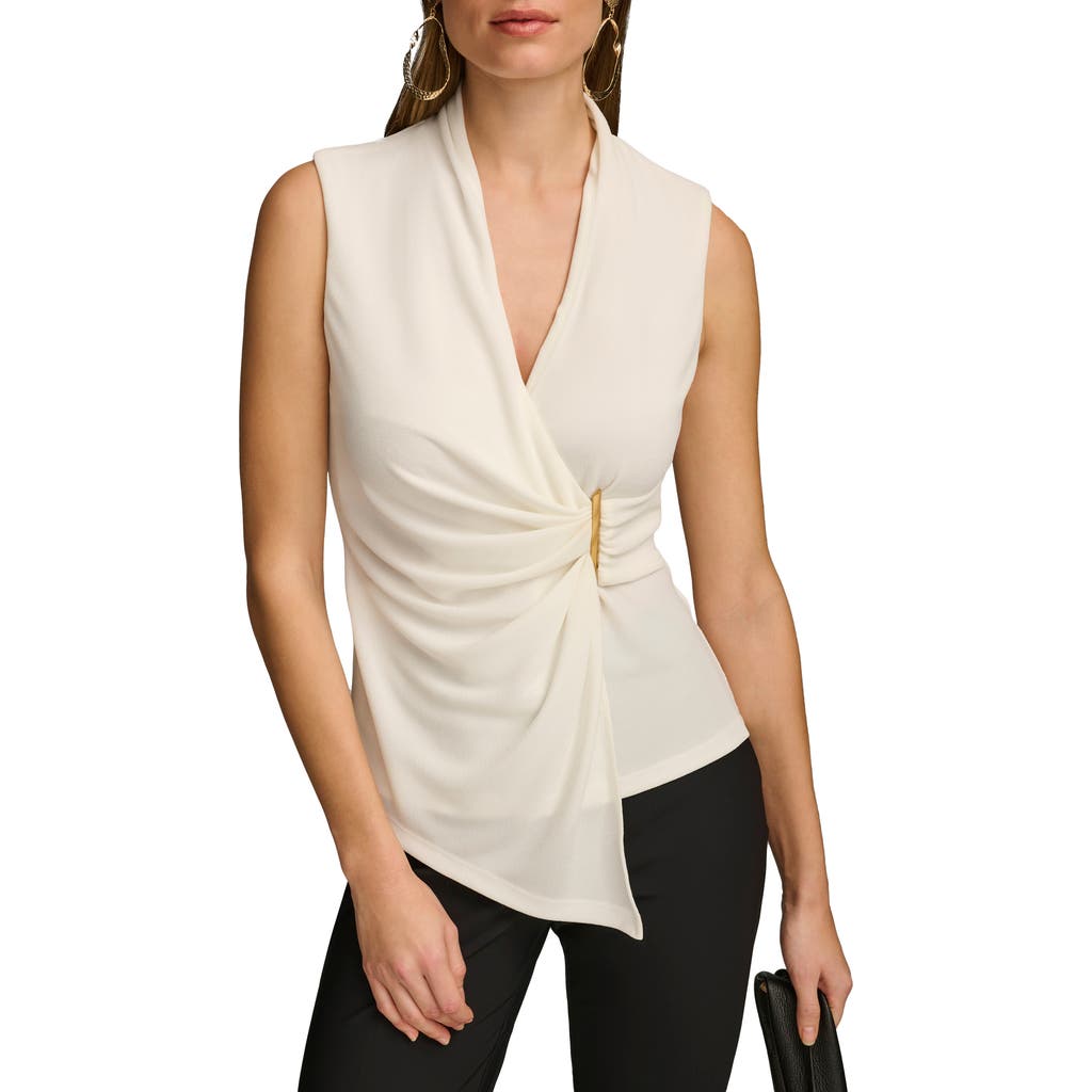 DONNA KARAN Wrap Front Sleeveless Top in Cream