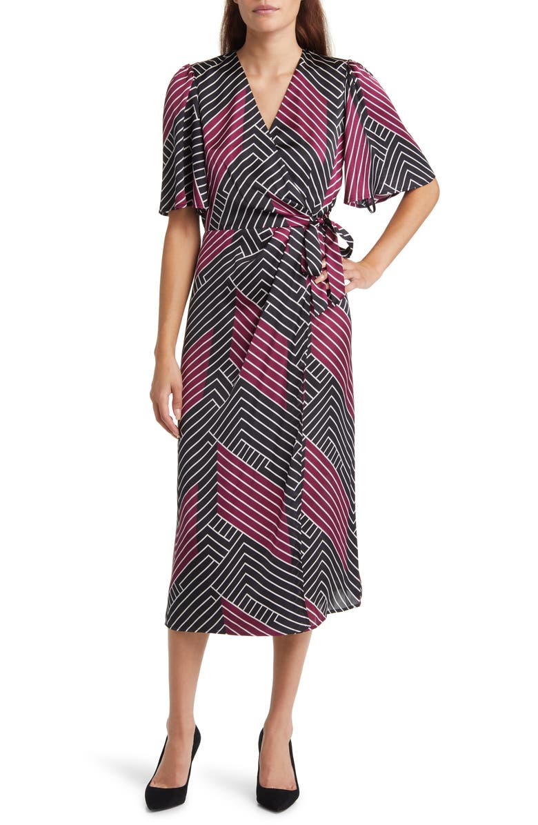 Anne Klein Print Flutter Sleeve Faux Wrap Dress, Main, color,
