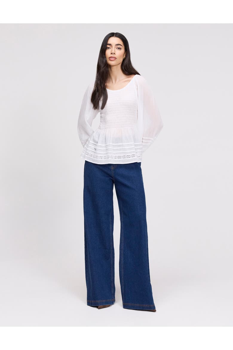 Jennie Shirred Long Sleeve Cotton Top, Alternate, color, White