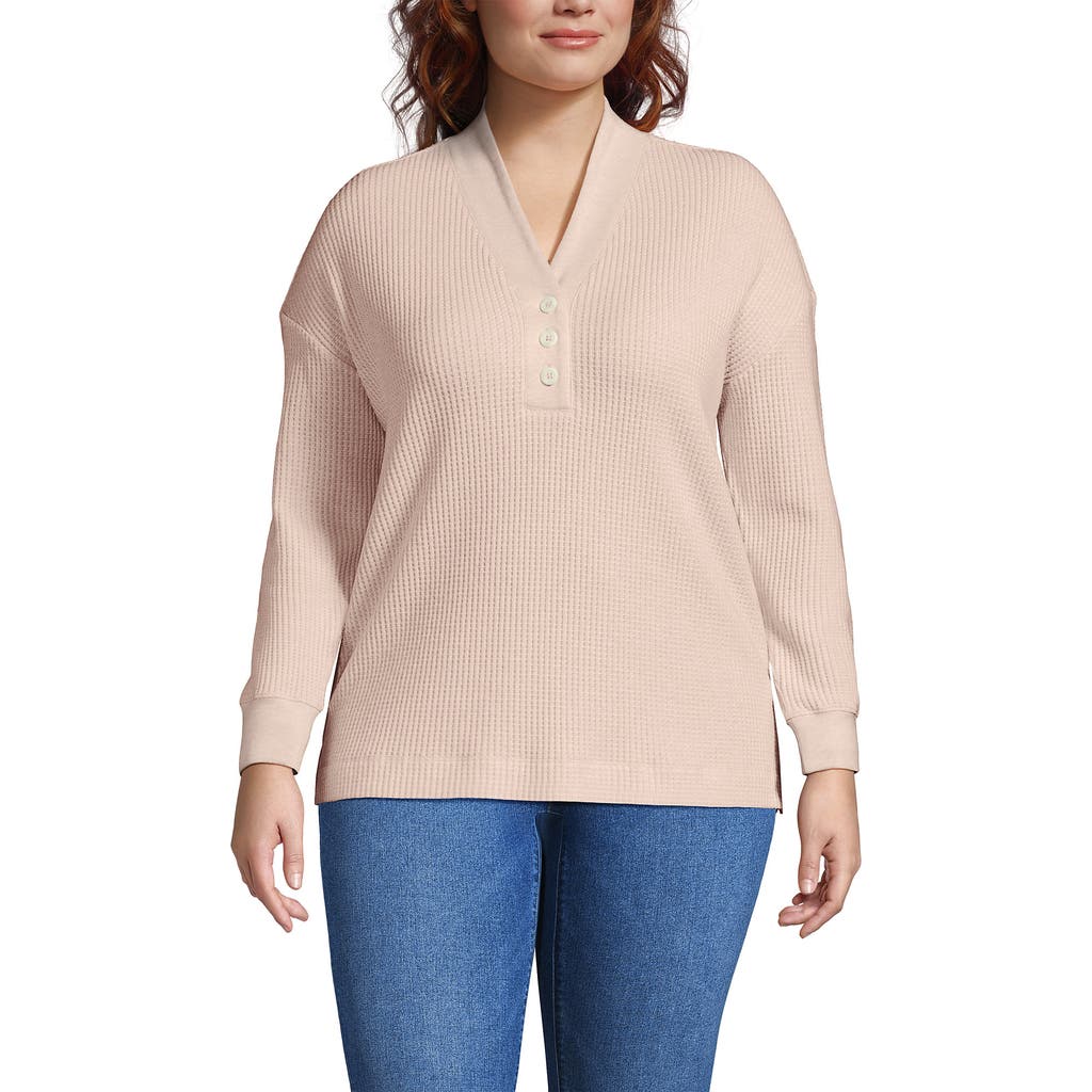 Lands' End Plus Size Long Sleeve Waffle Shawl Collar Henley In Neutral