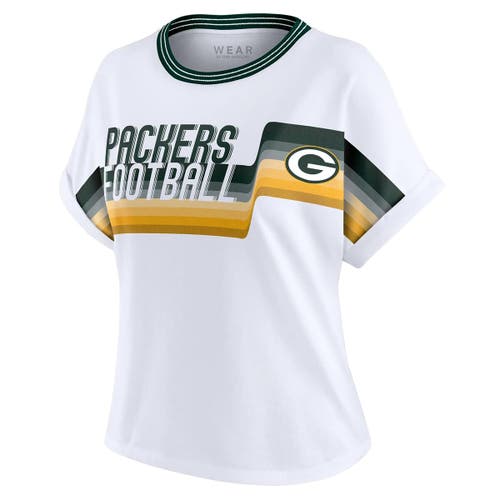 Wear By Erin Andrews White Green Bay Packers Cropped Center Stripe Dolman T-shirt In White