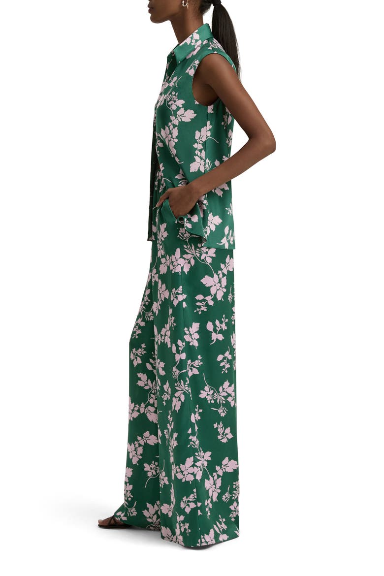 Agatha Sleeveless Crepe Satin Button-Up Shirt, Alternate, color, EMERALD FLORAL