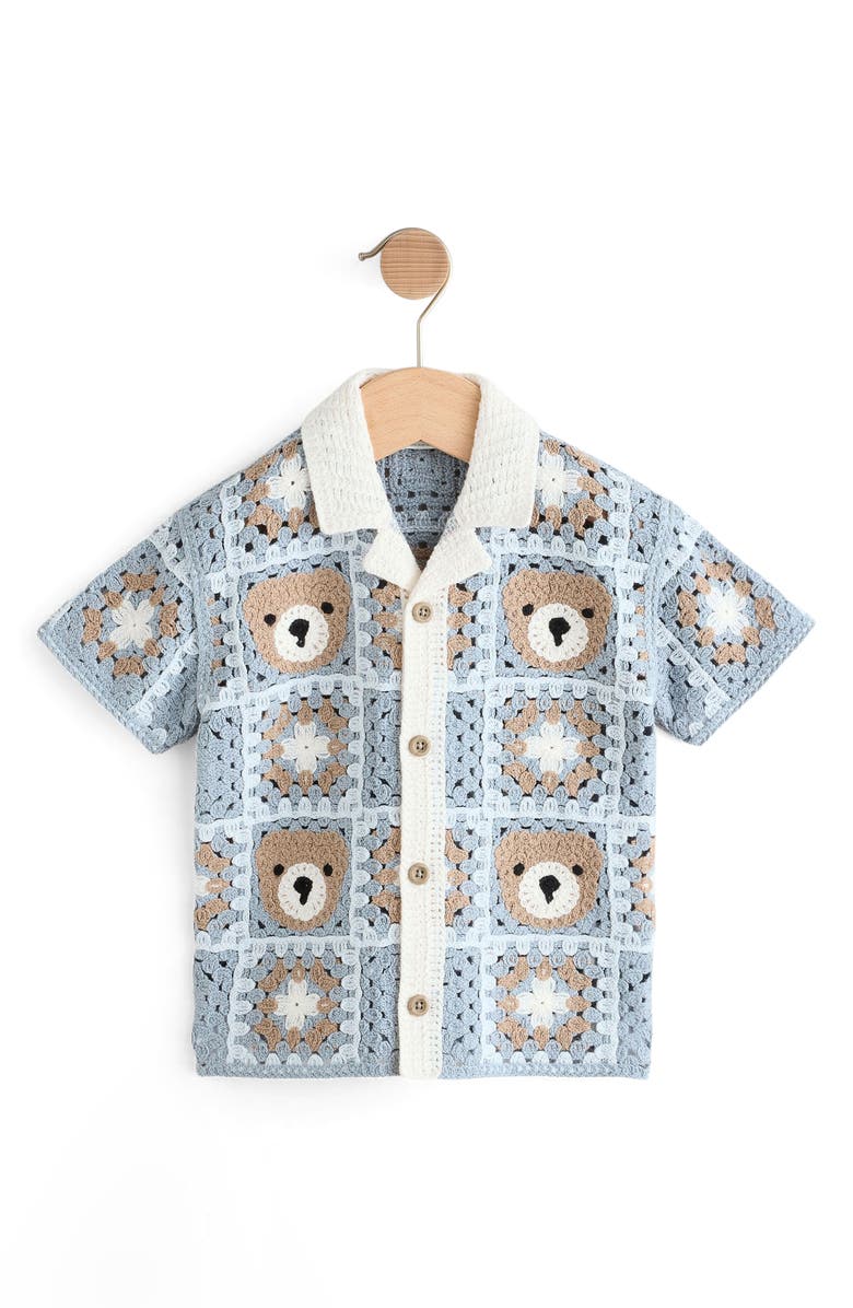 NEXT Kids' Teddy Cotton Blend Crochet Button-Up Shirt, Main, color, Blue