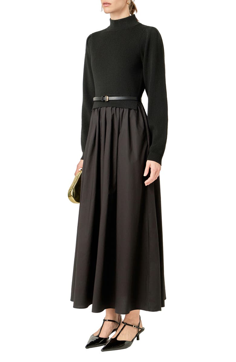 English Factory Belted Long Sleeve Dress, Alternate, color, Black
