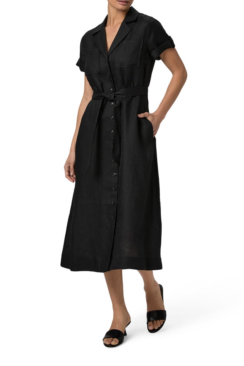 Lexina Tie Waist Linen Midi Dress, Main, color, BLACK