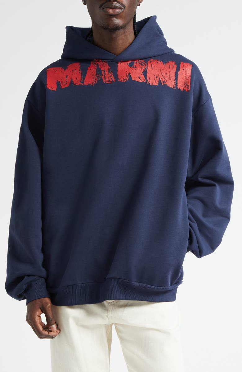 Marni Monolith Oversize Logo Graphic Hoodie, Main, color, Navy/ Blue