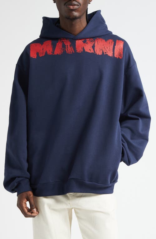 Marni Graphic Print Hooded Sweater With Ribbed Finish In Blue