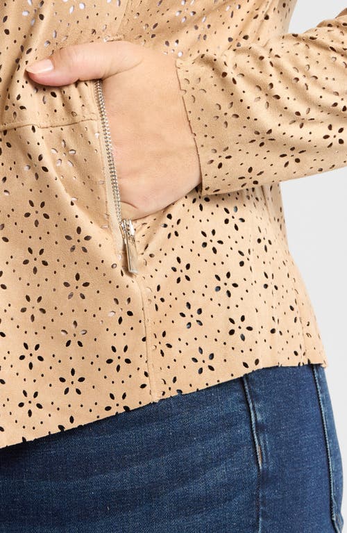 Bagatelle Perforated Floral Faux Suede Drape Jacket In Bleached Sand
