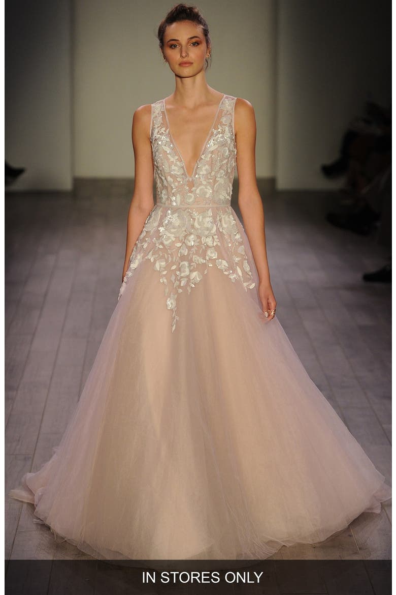 Leah Floral Sequin V-Neck Tulle Ballgown, Main, color, AMETHYST