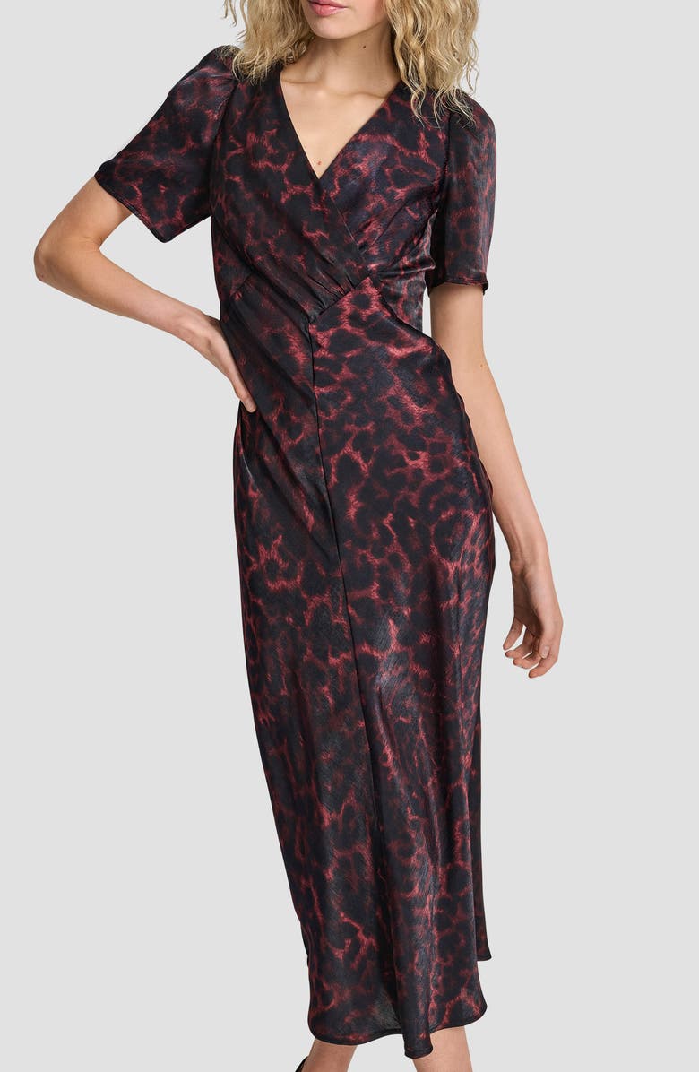 DKNY Print Puff Sleeve Satin Midi Dress, Alternate, color, Merlot Cheetah
