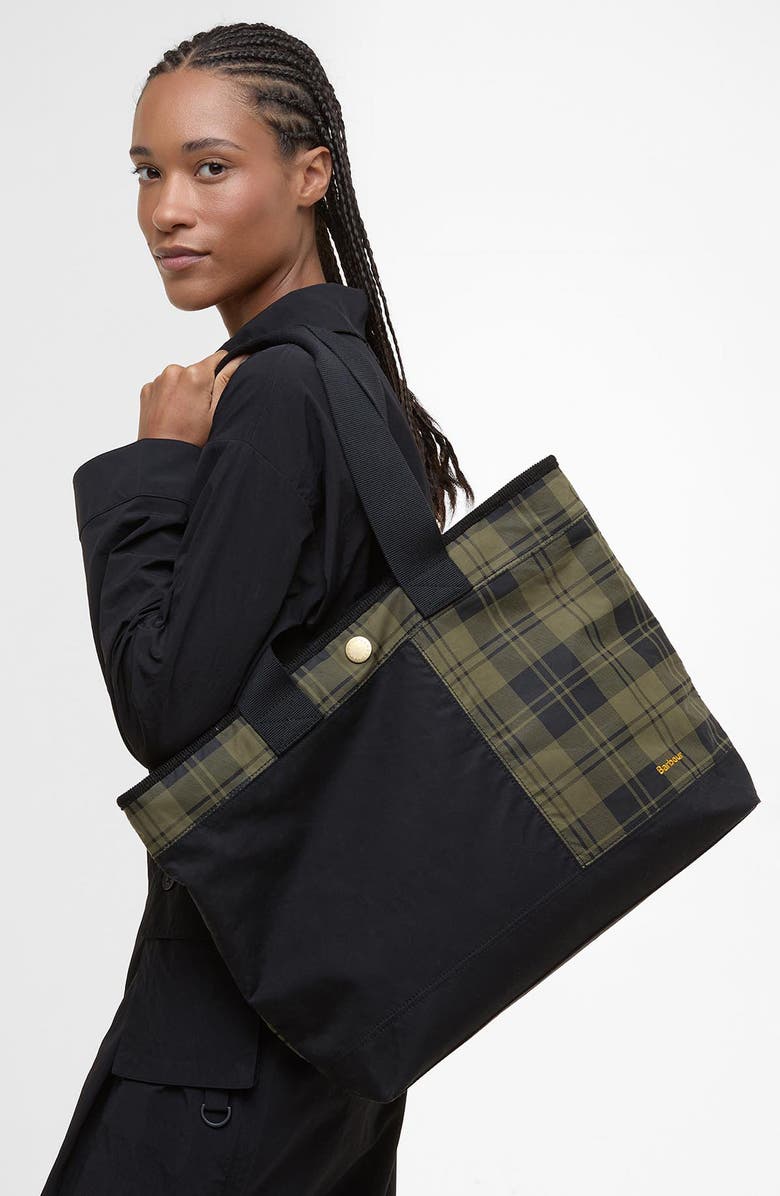 Barbour Mya Patchwork Cotton Tote, Alternate, color, Black/ Olive Check