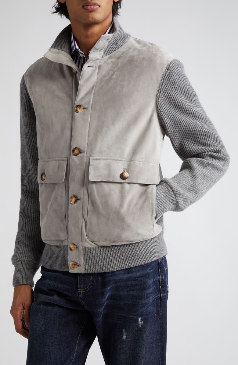 Brunello Cucinelli Suede & Cashmere Knit Jacket, Alternate, color,