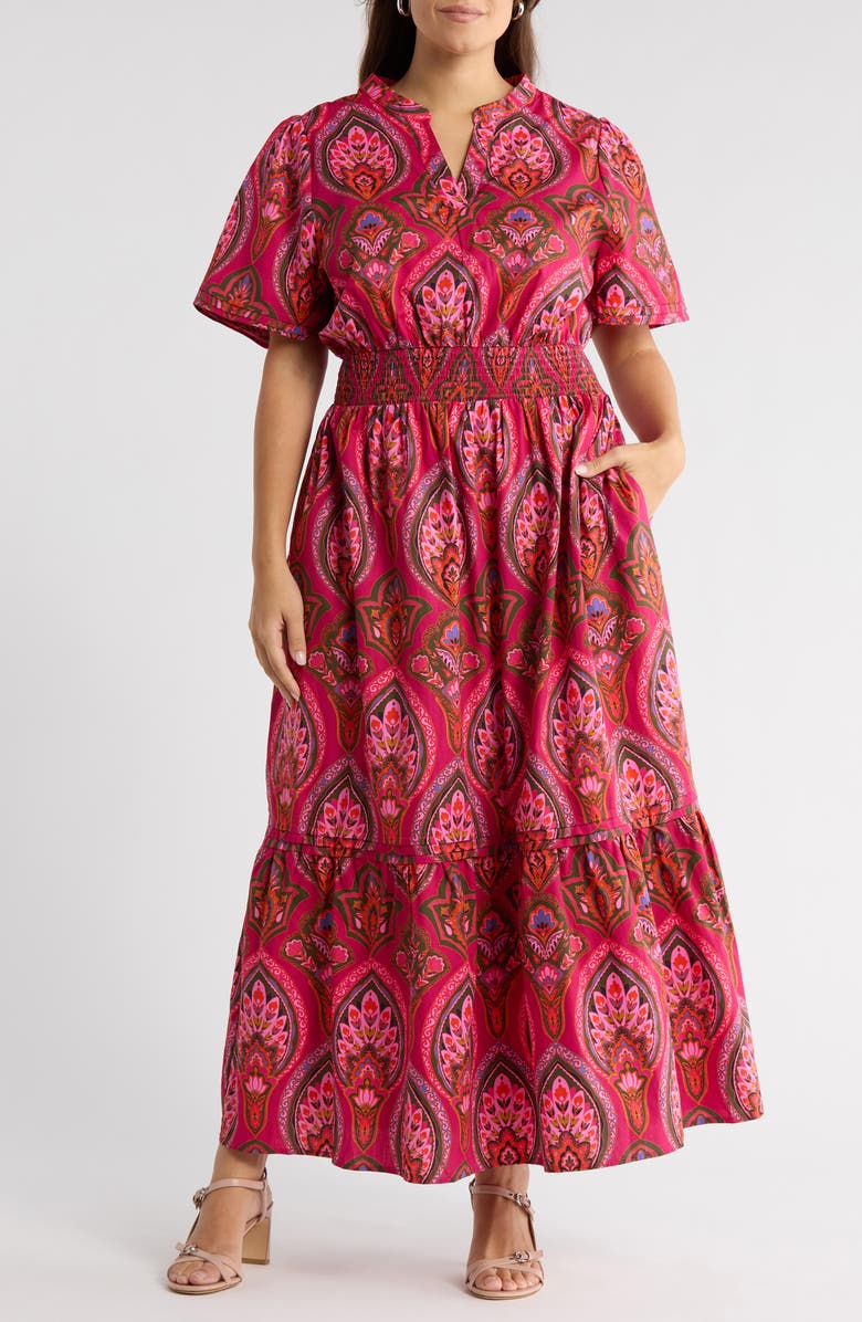 SUGARLIPS Azura Paisley Belraj Tiered Cotton Maxi Dress, Main, color, Berry-Multi