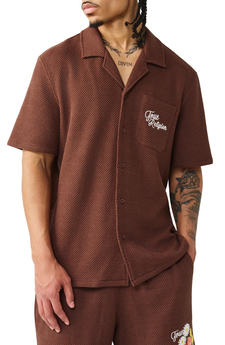 True Religion Blooms Knit Camp Shirt, Main, color, Garden Brown