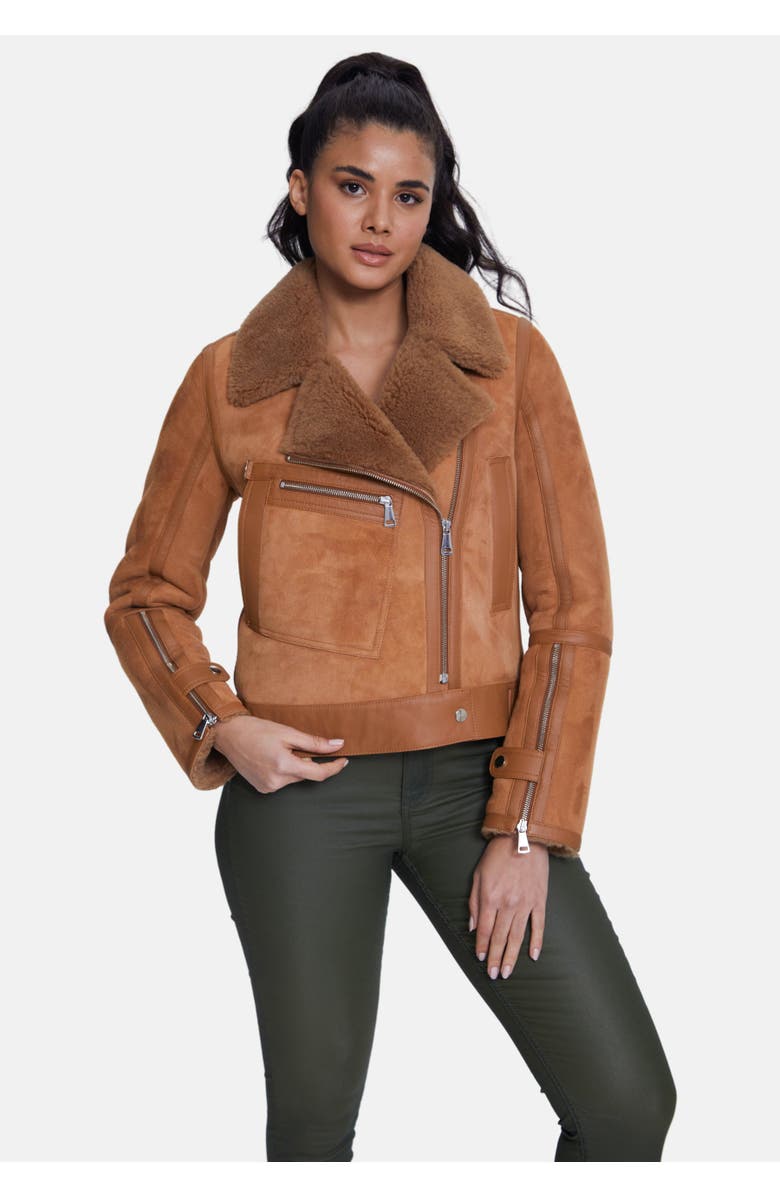 Furniq UK Eloise Suede Shearling Jacket, Alternate, color, Brick Red