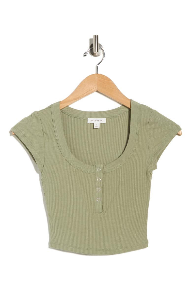 Snap Front Cap Sleeve Crop Henley, Alternate, color, OLIVE