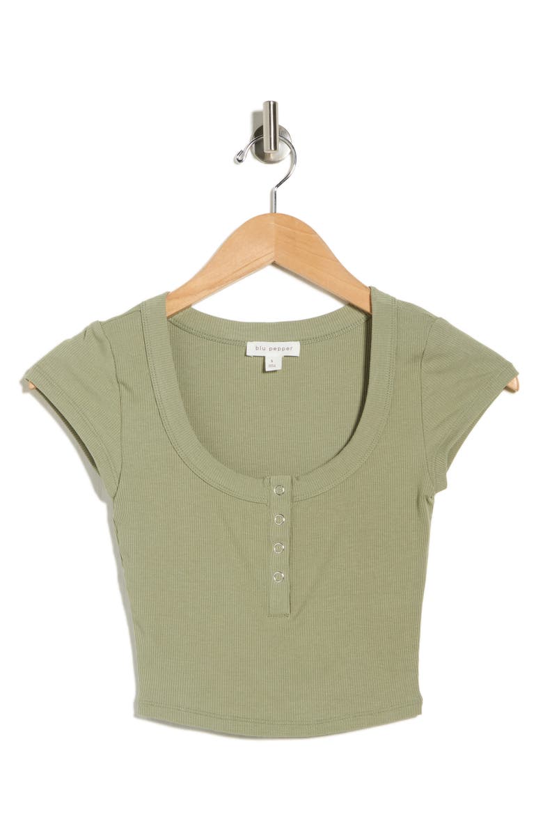 Blu Pepper Snap Front Cap Sleeve Crop Henley, Main, color, Olive
