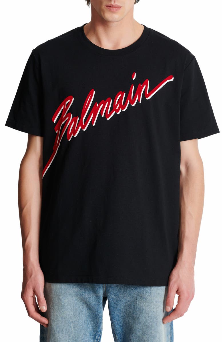 Balmain T-Shirt With Flocked Balmain Letter Logo, Alternate, color,