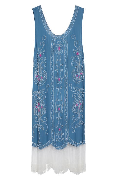 Sea Flower Beaded Fringe Silk Dress