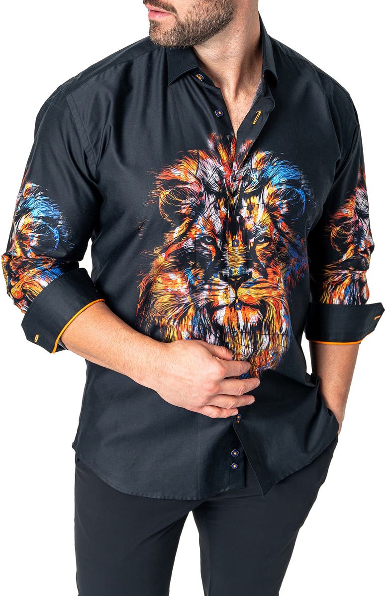 Maceoo Fibonacci Lion Ink Regular Fit Cotton Button-Up Shirt, Alternate, color, 