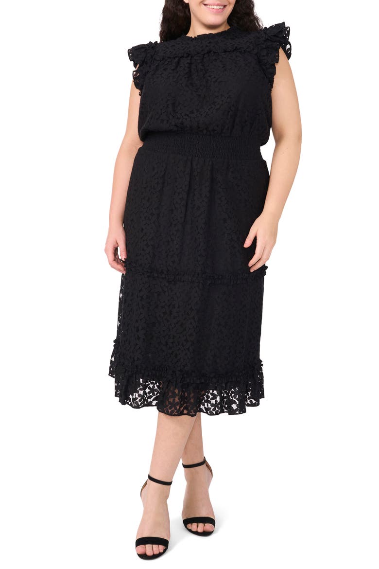 Leaf Lace Smocked Waist Midi Dress, Main, color, RICH BLACK
