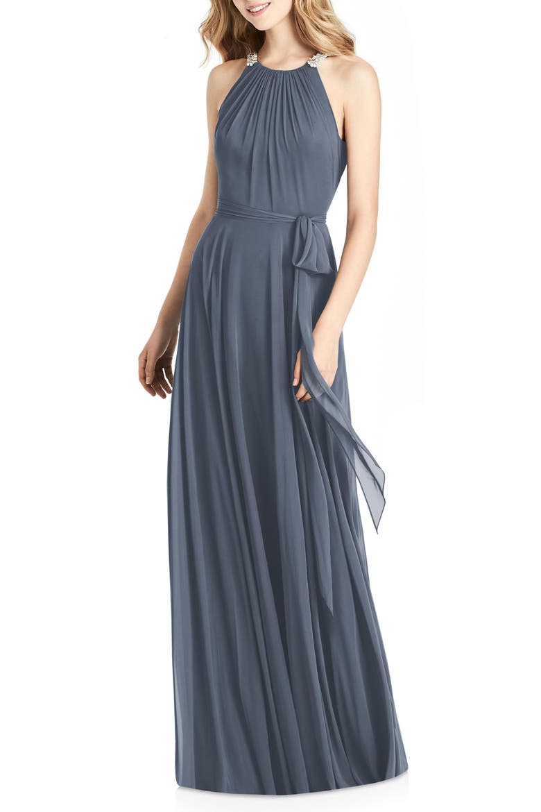 Crystal Strap Chiffon A-Line Gown, Main, color, SILVERSTONE