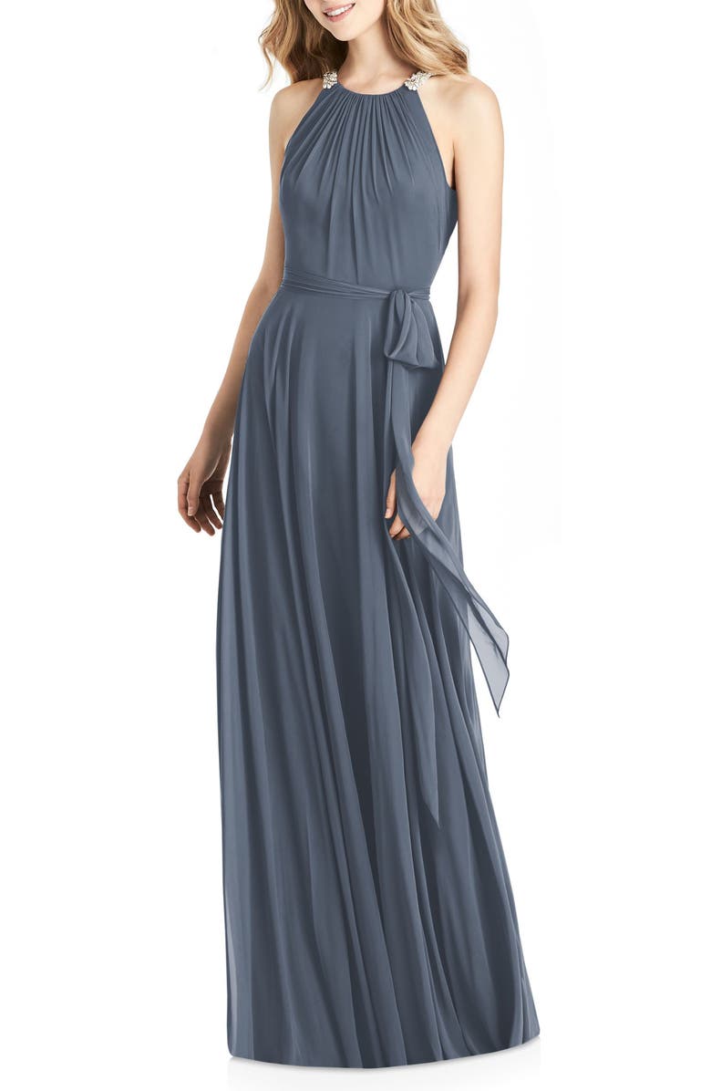 Jenny Packham Crystal Strap Chiffon A-Line Gown, Main, color,