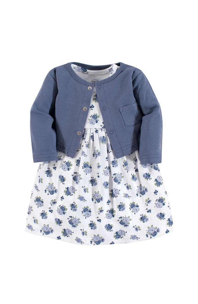 Luvable Friends Dress and Cardigan, Main, color, Blue Floral