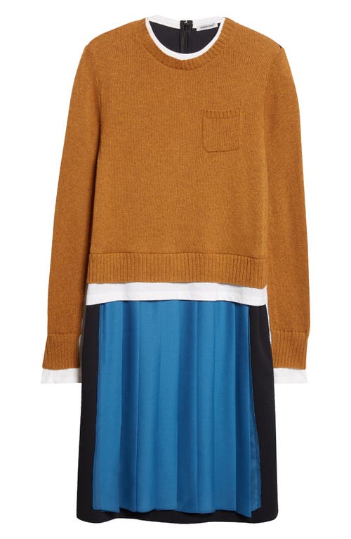 Undercover Layered Effect Long Sleeve Mixed Media Dress In Brown