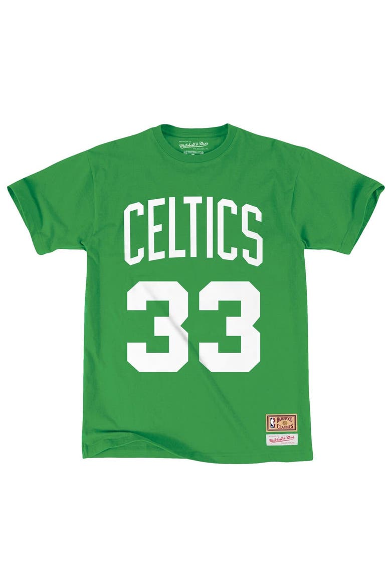 Men's Mitchell & Ness Larry Bird Kelly Green Boston Celtics Hardwood Classics Stitch Name & Number T-Shirt, Alternate, color, White