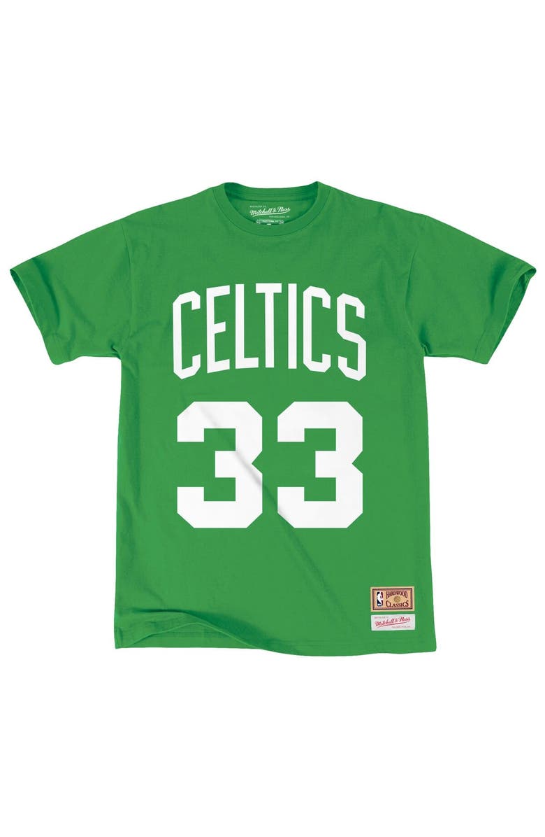 Mitchell & Ness Men's Mitchell & Ness Larry Bird Kelly Green Boston Celtics Hardwood Classics Stitch Name & Number T-Shirt, Alternate, color, White