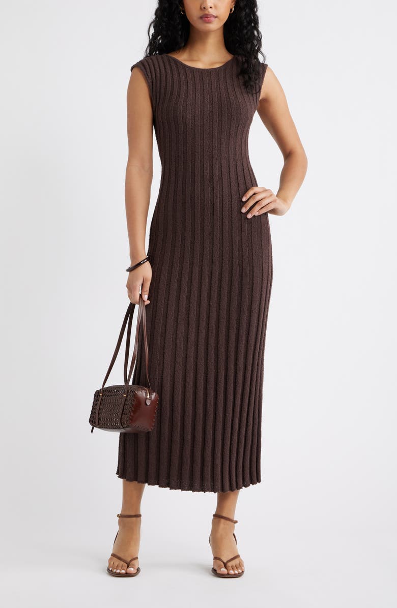 Open Edit Tie Back Cap Sleeve Linen Blend Rib Sweater Dress, Alternate, color, Brown Seal