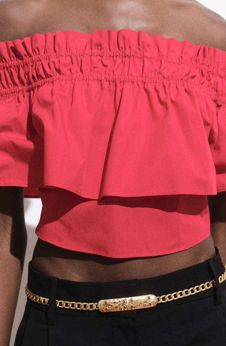 MANGO Ruffle Detail Strapless Cotton Crop Top, Alternate, color, Red