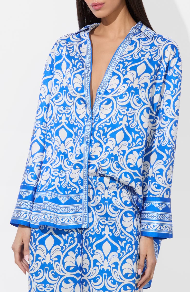 Alice + Olivia Kiva Oversize Mixed Print Button-Up Shirt, Alternate, color, Soiree Trueblue