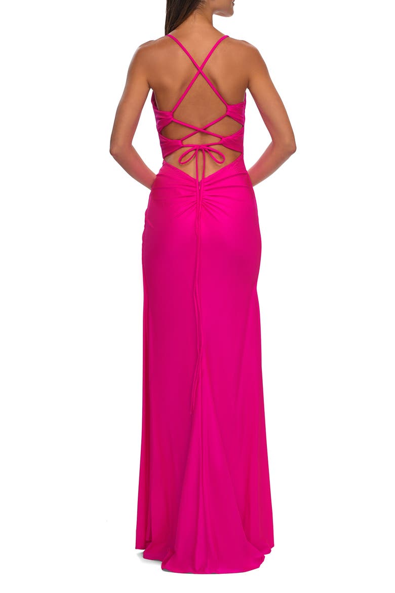 Jersey Long Prom Dress with Trendy Waist Cutouts in Neon, Alternate, color, Neon Pink