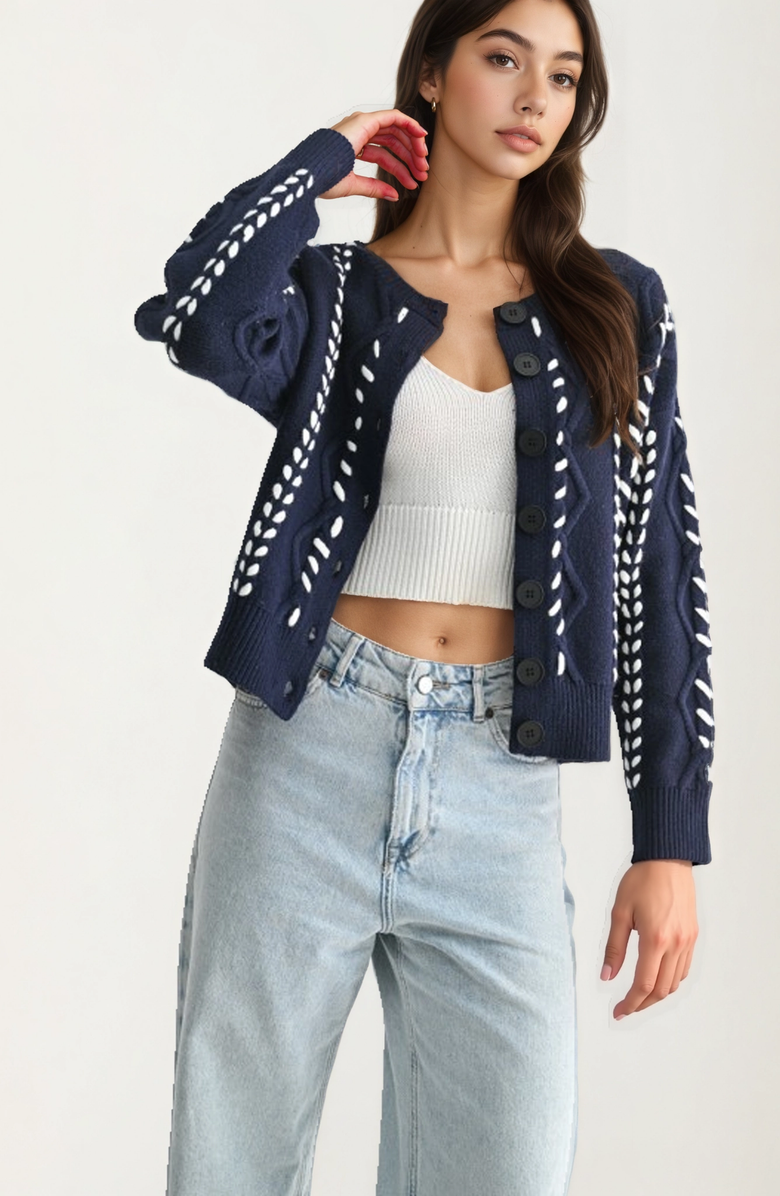 Knit and Lounge Button Front Stitch Detailing Cardigan, Alternate, color, Navy Blue / White