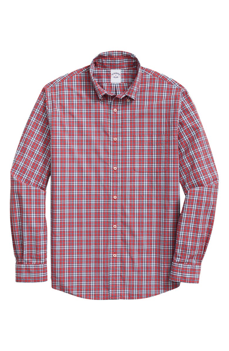 Brooks Brothers Friday Plaid Cotton Poplin Button-Down Shirt, Main, color, Pointsettia Plaid
